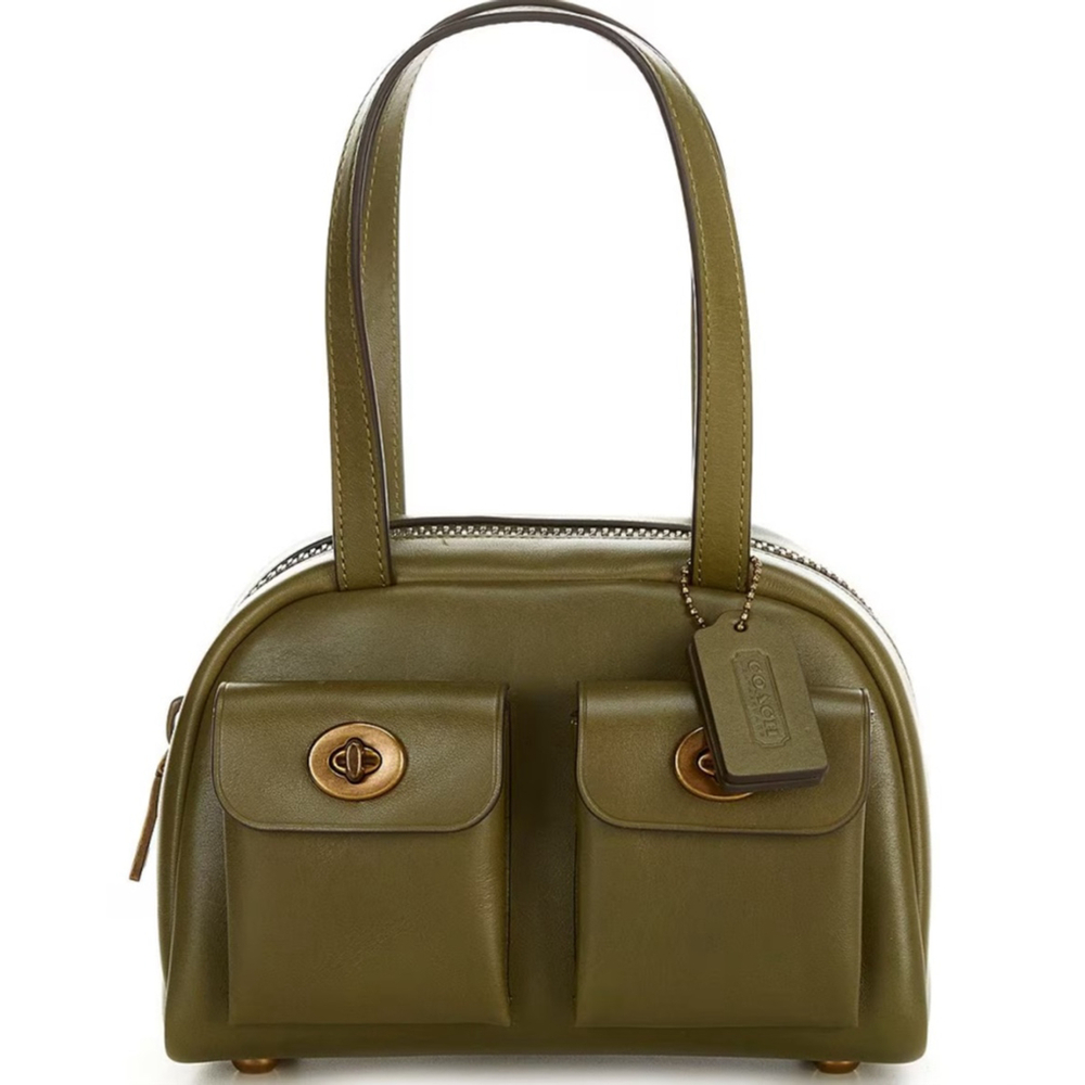 Coach Olive Green Leather Satchel with Gold Hardware and Front Pockets - Picture 3 of 6